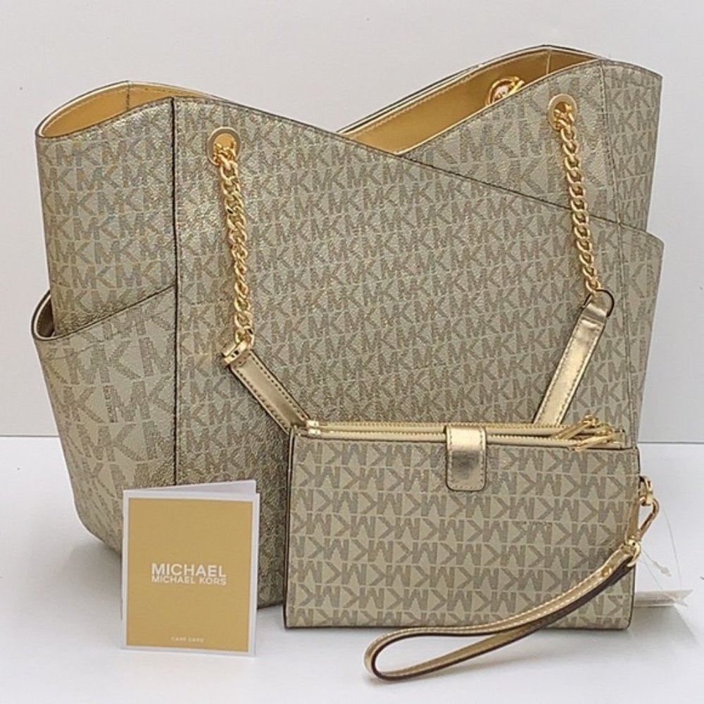 Michael Kors Large X Chain Shoulder Tote & Large Double Zip Wallet Pale Gold - Picture 4 of 16